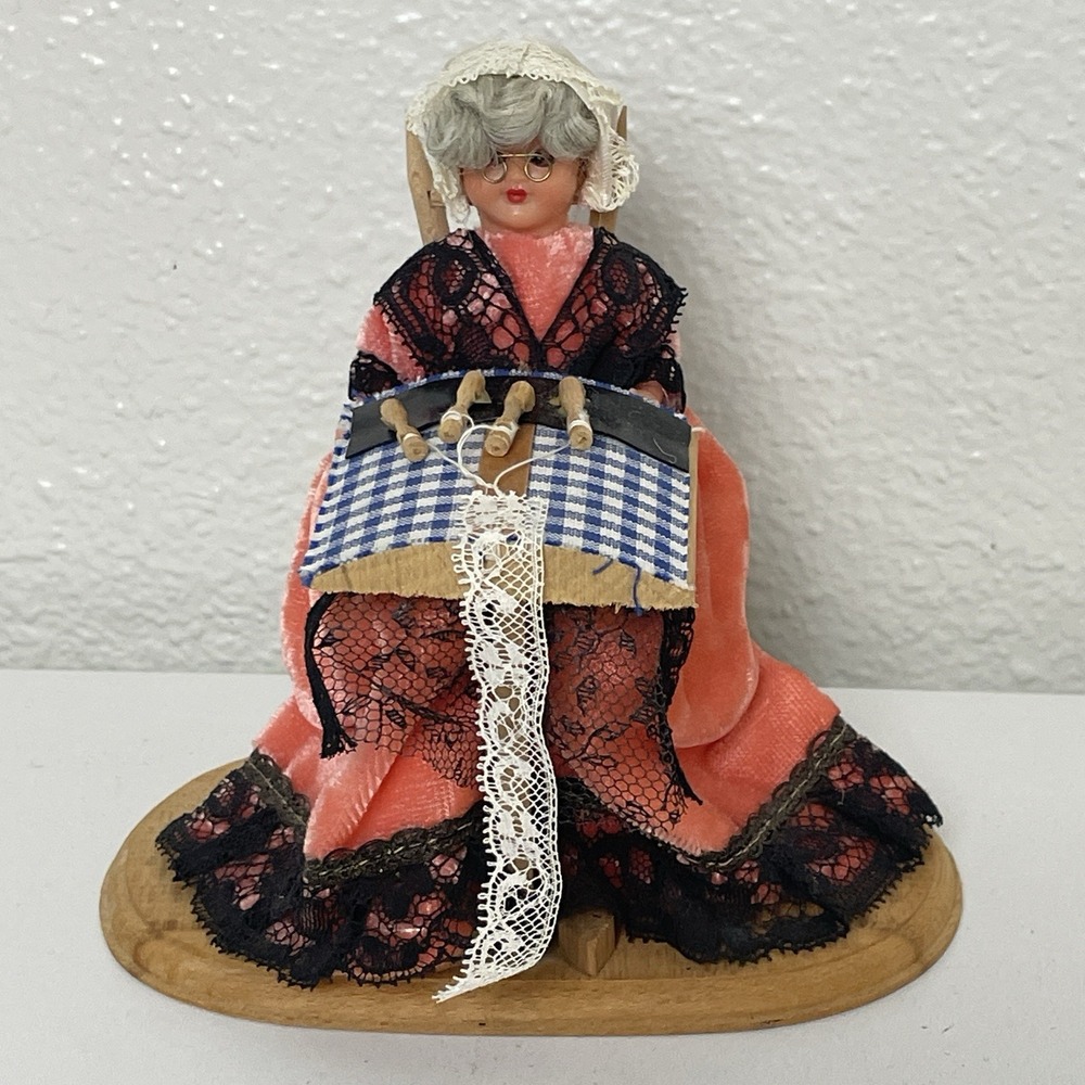 Vintage Brussels Belgium Lace Maker Souvenir Doll 6" Bruxelles Bobbins Lace